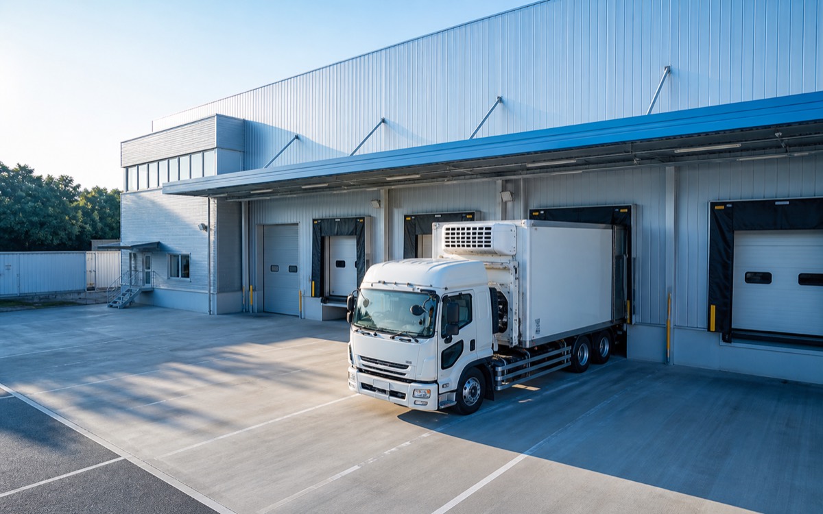物流倉庫のバースで荷役する冷凍トラック